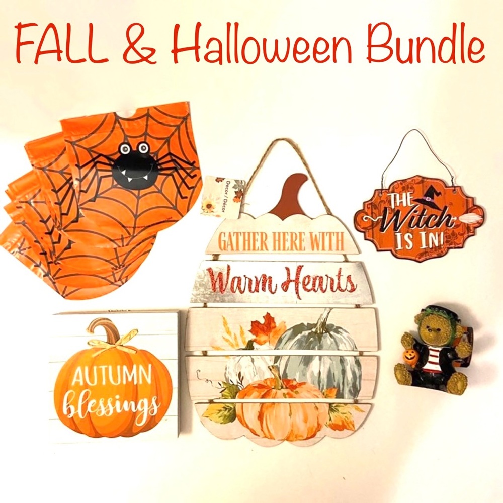 5/$15 🎃 Fall Halloween Bundle Plaque Signs Bear Drawstring Treat Spider Bags